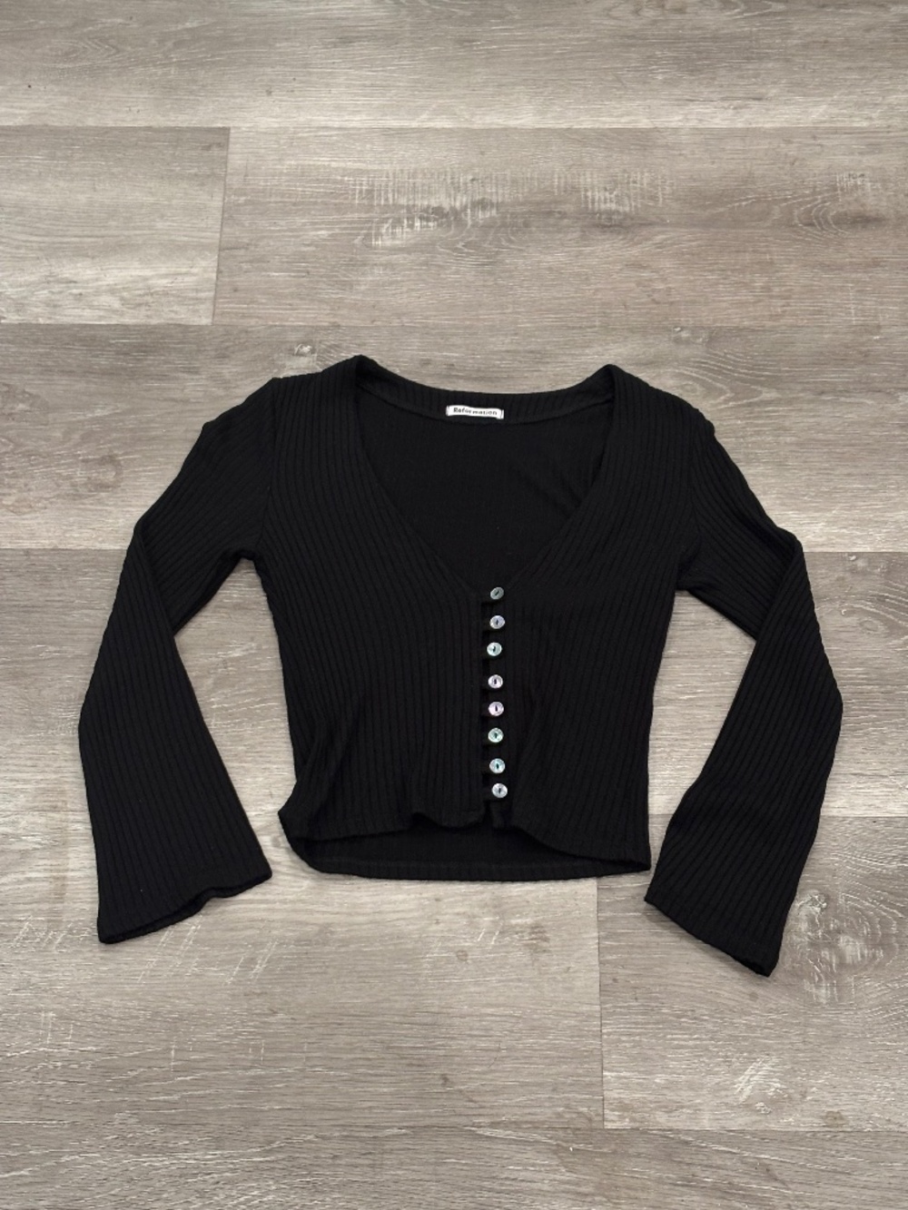Reformation Gellar Crop Top Knit Ribbed Long Sleeve Black Womens XS